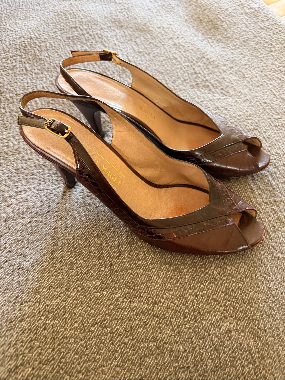 Bruno Magli Brown Croc-Embossed Leather Slingback Heels